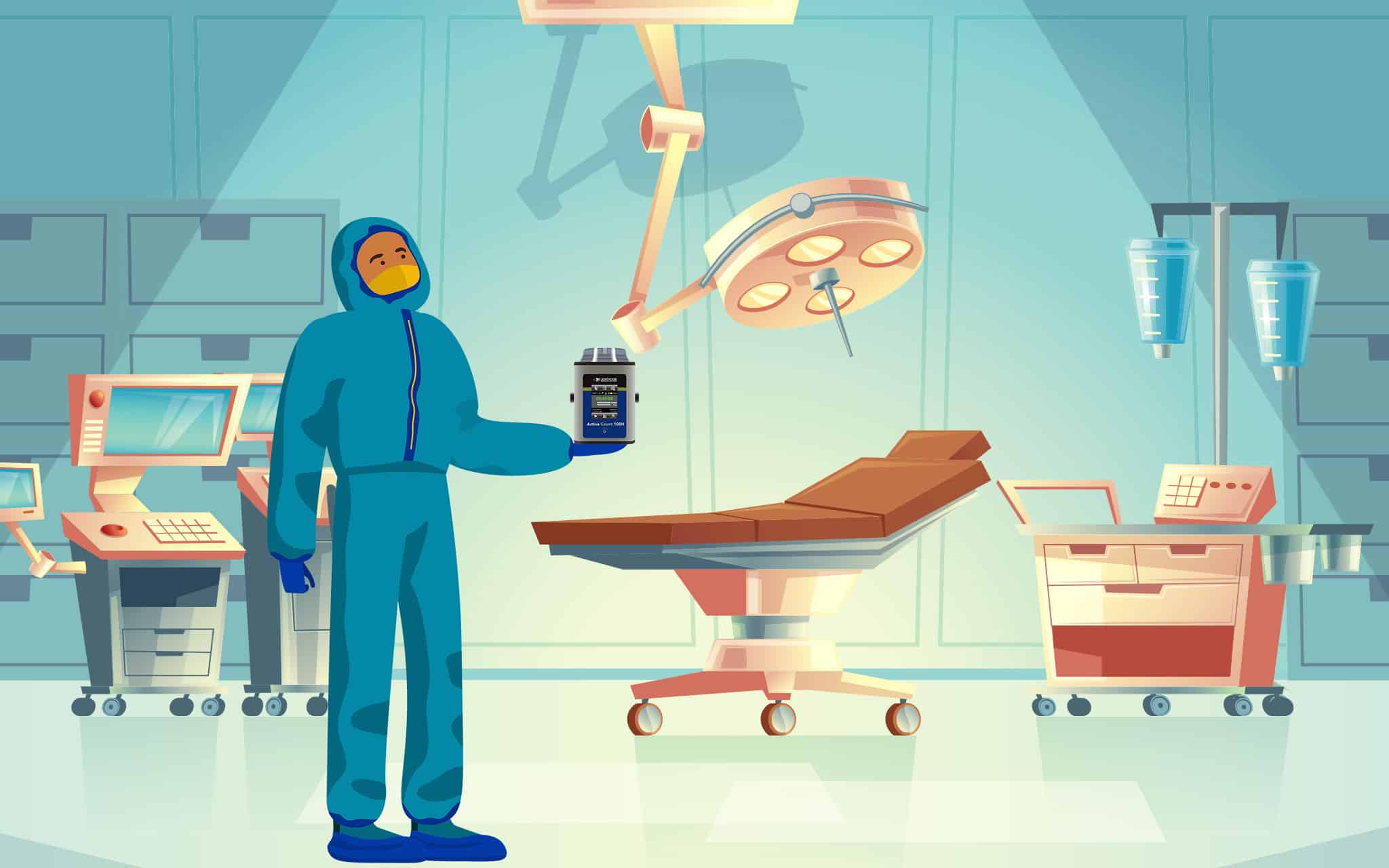Illustration showing a cleanroom tech sampling the air