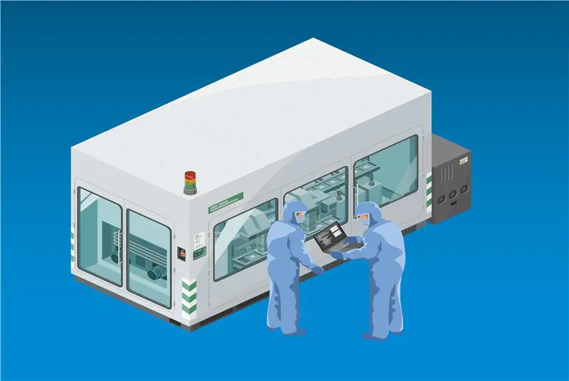 Isometric illustration of humans moving in a cleanroom.