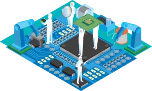 Isometric illustration of cleanroom workers attending their duties in a cleanroom styled as a microchip processor.