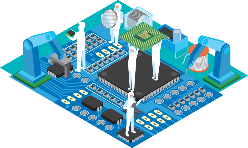 Isometric illustration of cleanroom workers attending their duties in a cleanroom styled as a microchip processor.