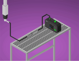 A Illustration of an ApexZ3 portable airborn particle counter configured for gas sampling within a cleanroom environment.