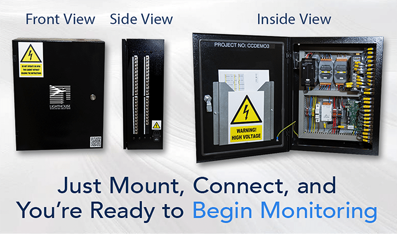Infographic showing the exterior front and side, as well as the interior view of the product package.