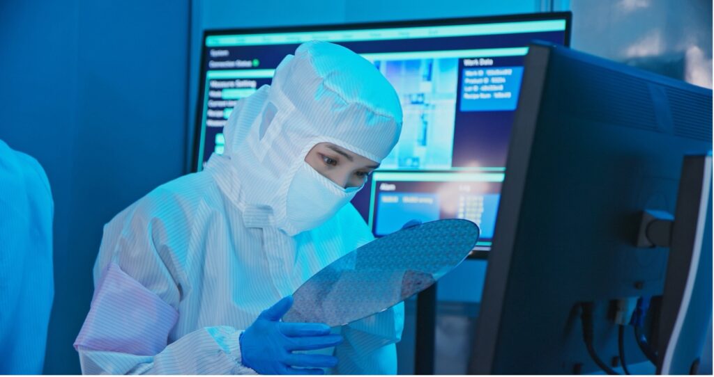 semiconductor wafer surface under inspection in a fab cleanroom